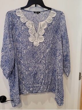 Robert Louis Blue and White Leaf Print Blouse with Crochet Detail